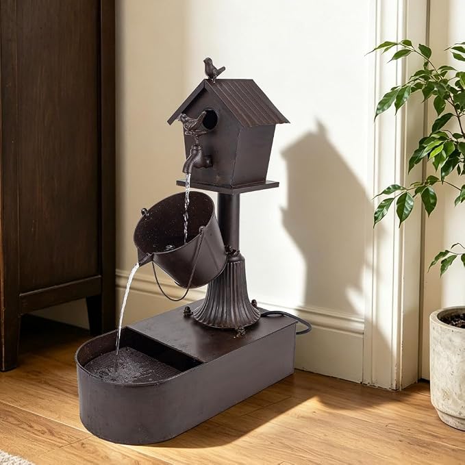 Metal Water Fountain Outdoor 27" Birdhouse Waterfall Fountain, Rustic Outdoor Water Fountain with Tilted Bucket for Garden Patio Yard Deck Decor, Dark Bronze