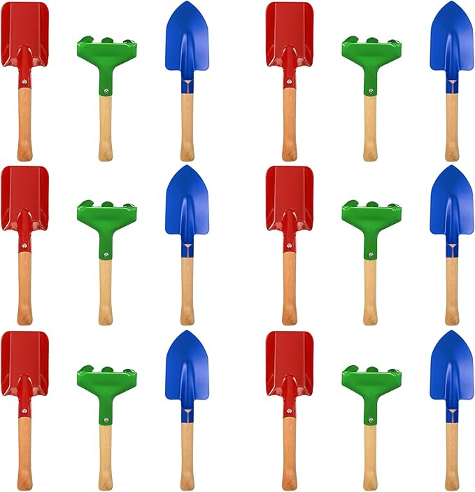 Tarpop 9 Pcs Kids Gardening Tools Set, Metal Kids Yard Tools with Sturdy Wooden Handle Safe Children Beach Sandbox Toy Sand Play Kit for Flower Soil Planting Loosening Digging, Trowel, Rake, Shovel