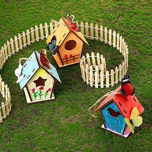 Outus 12 Pcs Wooden Birdhouse Craft Kits to Build, 4 Shapes Wooden Unfinished Bird House with Butterfly Sticker for and Arts Crafts Bulk Painting Kits(Classic Style,3.6×4 Inch)