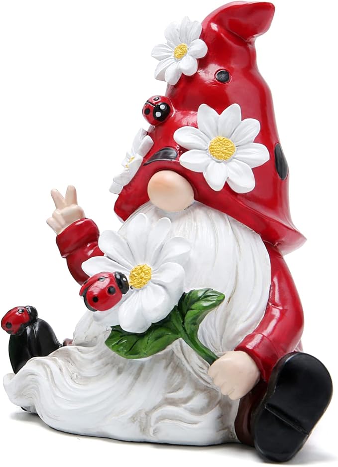 Hodao Spring Gnome Figurine Ladybug Decor, Cute Resin Garden Gnome with Floral Hat, Indoor Outdoor Home Decorations, Shelf Desk Ornament, Seasonal Gift for Family Friends Housewarming Birthday