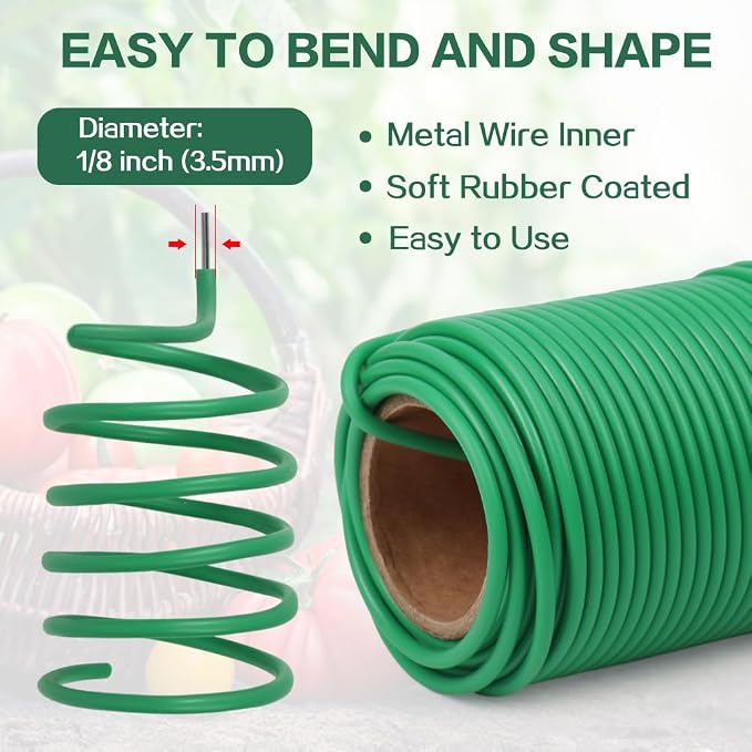 Tenn Well Garden Wire, 66 Feet 3.5mm Soft Rubber Coated Plant Ties, Green Gardening Twist Ties for Climbing Plants, Tomatoes, Vegetables, Climbing Roses