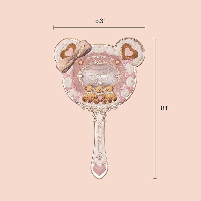 Flower Knows The Sweetie Bear Hand Mirror,Vintage Portable Handheld Mirror,Fancy & Pretty Princess Mirror with Long Handle,Gift for Girls(Creamy Pink)