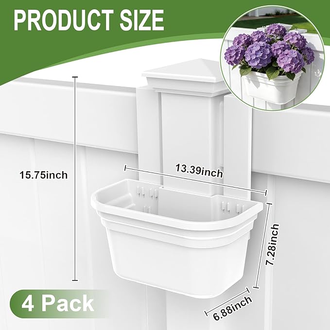 4 Pack Fence Post Planter for 5x5 PVC Fence Posts, 15.75 Inch Fence Hanging Planters for Outdoor Plants, Easy Install, White Flower Pots for Deck Railing Garden Yard Decor