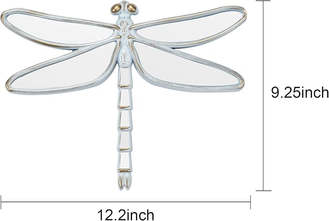 Decorative Dragonfly Wall Mirror, Plastic Frame with Mirrored Wings (12.4 x 9.3 inches) (White)