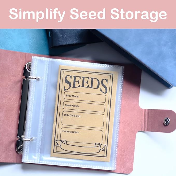 Seed Storage Organizer Binder, Leather Seed Packet Organizer with 50 Clear Pockets(25 Pack Sheet Sleeves) and 50 Pack Seed Envelopes, Garden Seed Holder Book, Pink Flower Plant Seed Keeper
