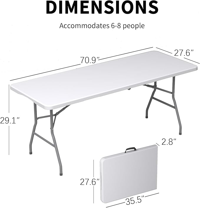 6FT Folding Tables – Heavy Duty Portable Foldable Picnic Table with Built-in Handle, 450 lb Capacity – Ideal for Events, Parties, Crafts, Camping & Dining (4-Pack, White)