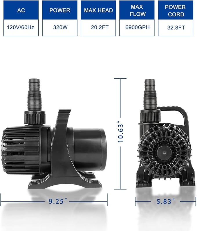 OYO WATER Outdoor Large 6900gph-320W 32.8FT Pond Water-fall & Kio Fish Fountain-s & Garden Pump Submersible IPX8: Long 32.8FT Cord Smart-er & Quieter Duck & Yard&Patio Ponds Pumps, 1 Barrier Pump Bag