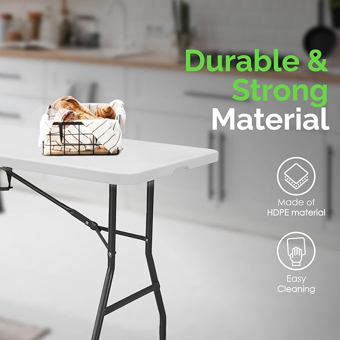 EconoHome White 6ft Folding Table with Handle | Heavy-Duty Foldable Table | Portable Table for Indoor & Outdoor Use | Perfect for Events, Camping, Parties, Dining & More