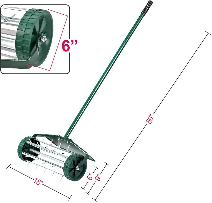 Goplus Rolling Lawn Aerator, 18-Inch Garden Yard Rotary Push Tine Heavy Duty Spike Soil Aeration, Manual Lawn Aeration Tool w/ 41-Inch Handle (Green w/Fender)