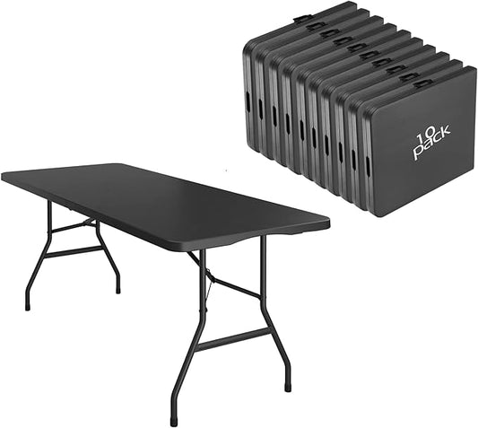 10 Pack of 6 Foot Foldable Table with Built in Handle & Steel Legs ,Heavy Duty Portable ,Perfect for Party, Dining, Wedding, Events, Picnic Indoor, Outdoor, Camping, Utility, Folding(Black-10pac)