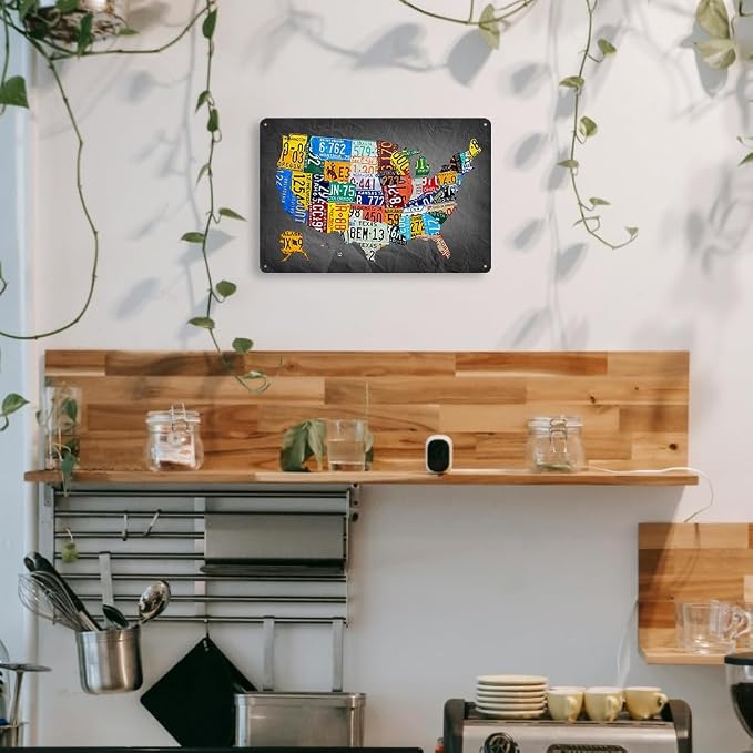RESKEA Funny Metal Tin Sign Vintage USA Map License Plate Sign Garage Decor 8x12 Inches Multicolor Retro Humorous Wall Art