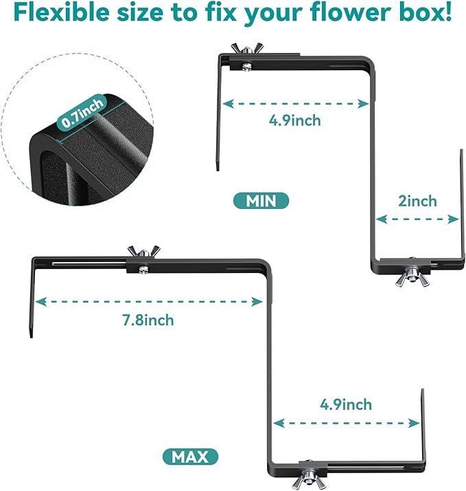 Adjustable Planter Box Brackets,Enhanced Bottom Support,Universal Outdoor Hanging Brackets,Flower Box Brackets for Fence Railings, Windowsill, Patio, Garden,Balcony. (Black)