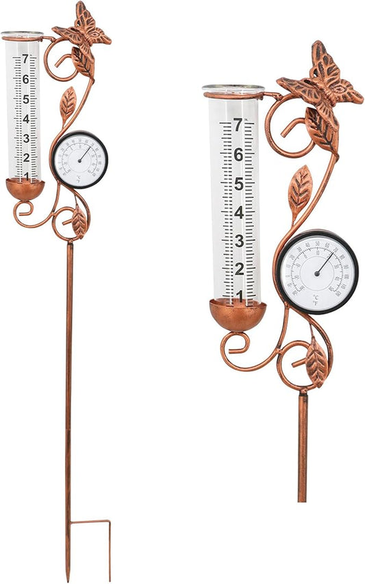 Rain Gauge Outdoor, coppery Butterfly Rain Gauge with Thermometer for Measuring Precipitation, Garden Decoration,Yard Garden Patio Lawn(Coppery Butterfly Thermometer)