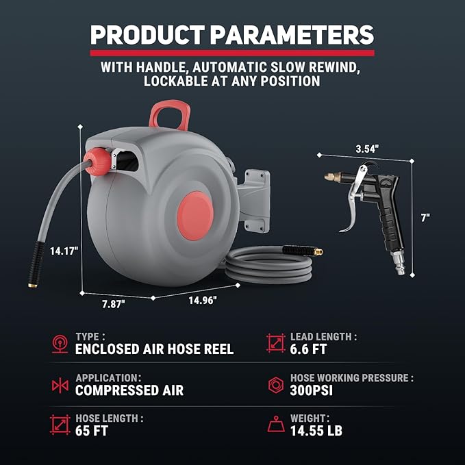 Retractable Air Hose Reel, 3/8" x 65ft Air Hose with Air Blow Gun, Adjustable Length Lock, 180° Rotating Wall Mount Air Tool for Garage and Workshop