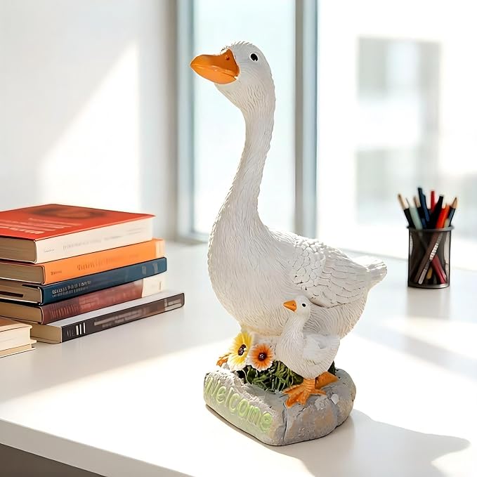 Desk Goose Figurines 9.5 Inch Desktop Goose Statue Garden Statues & Sculpture for Patio, Porch, Office and Lawn, Memorial Stone and Gifts for Mom Goose Lover