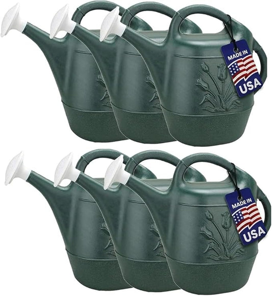PMU 2 Gallon Watering Can - Garden Watering Can for Indoor & Outdoor Plants - Plastic Water Can with Detachable Sprinkler Head - Large Water Pot, Made in USA - Hunter Green Pkg/6