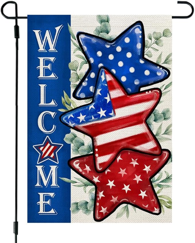 CROWNED BEAUTY 4th of July Patriotic Stars Garden Flag 12x18 Inch Double Sided for Outside Small Burlap Independence Day Welcome Yard Decorations