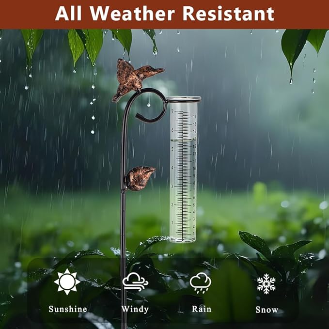 Hummingbird Rain Gauge Outdoor, Metal Rain Gauge with 7-Inch Glass Tube, Decorative Rain Water Gauge for Garden, Yard, Lawn
