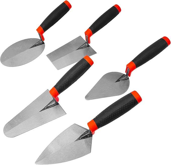 Bricklaying Trowel Set, 5 Pack Brick Pointing Trowels with Rubber Handle, Masonry Hand Tools for Concrete, Cement, Plaster, Tile Construction Projects
