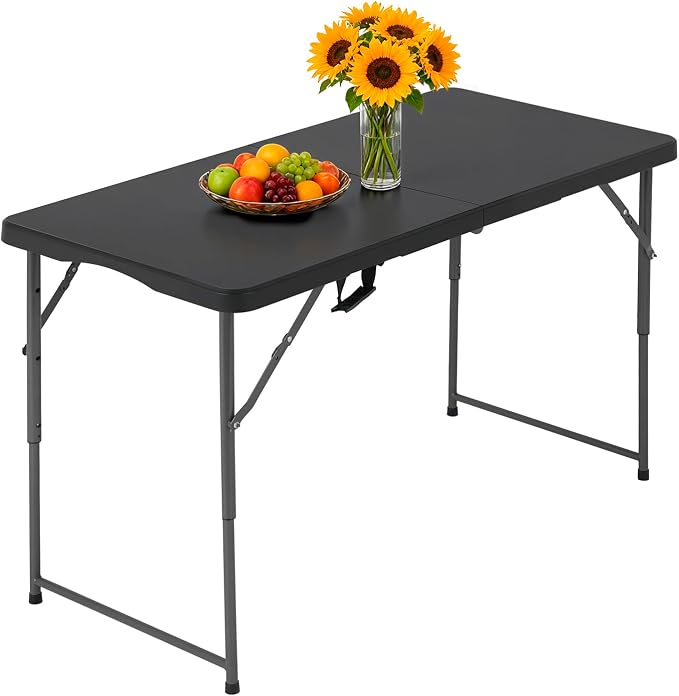PayLessHere | 4FT Folding Table | Portable Plastic Table with Carry Handle | Waterproof & Foldable Table Design | Steel Frame with Lock | Black | for Events, Camping, Indoor & Outdoor Use