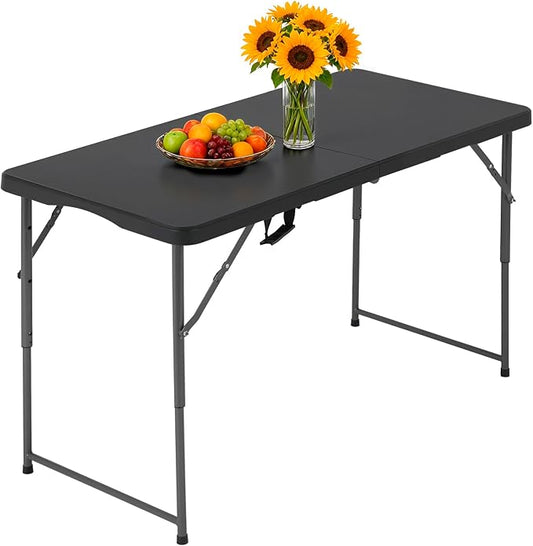 PayLessHere | 4FT Folding Table | Portable Plastic Table with Carry Handle | Waterproof & Foldable Table Design | Steel Frame with Lock | Black | for Events, Camping, Indoor & Outdoor Use