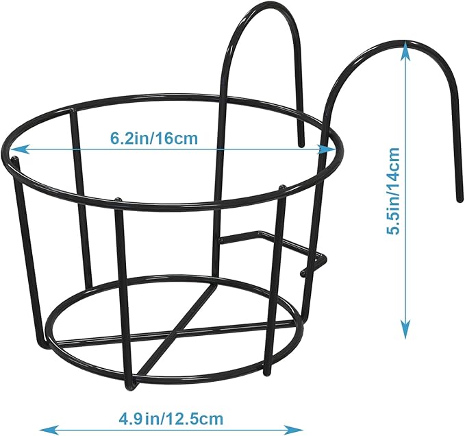 Leoenir 4 Pack Round Hanging Railing Planters - Metal Flower Pot Holder for Balcony and Fence （Black）