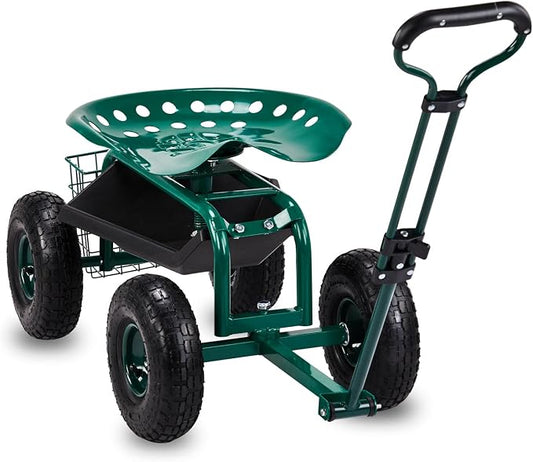 4-Wheel Rolling Garden Cart Work Seat with Tool Tray, Heavy Duty Planting Cart Tools on Wheels, Adjustable Steering Handle & Utility Tool Tray,Gardening Work-Seat,for Patio, Yard, and Outdoors, Green
