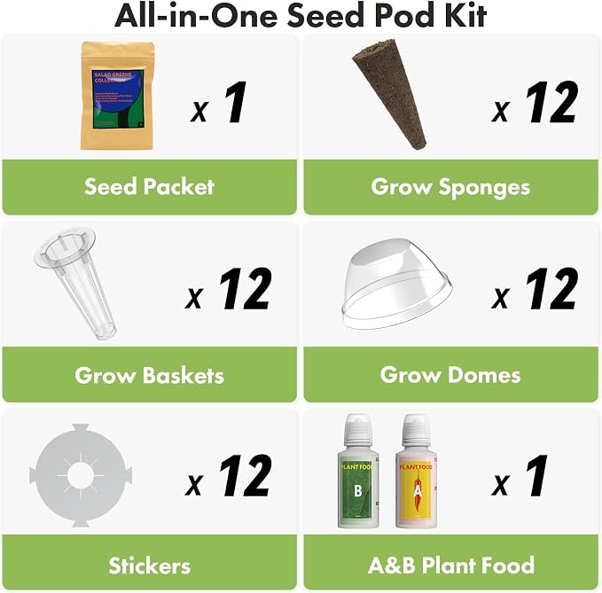 Lyko Heirloom Salad Greens Seed Pod Kit for AeroGarden, iDoo, Ahopegarden, GARDENCUBE, 12 Pods with American Fast/Paris Island/Buttercrunch Lettuce, Spinach, Swiss Chard, Cauliflower, Wild Cabbage