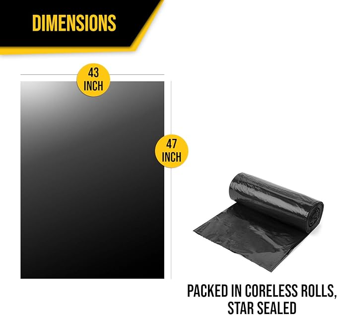 Aluf Plastics - 3 Ply Trash Bags, 56 Gallon, 2 Mil (eq), 43"x47", Black, 100 Count (5 Rolls of 20)