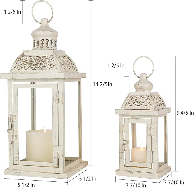 Large Lantern Decorative Outdoor & Indoor, Set of 2 (14’’&10’’) Metal Candle Lanterns Decor, Vintage Hanging Candle Holder for Front Porch Patio Wedding Farmhouse Home, Spring Decoration
