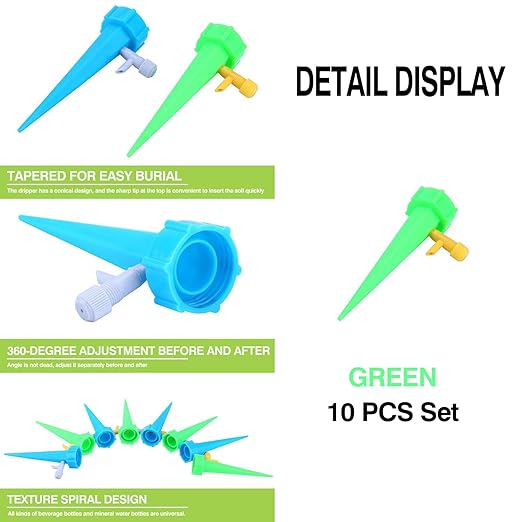 10 Pack Self Watering Spikes for Plant,Indoor & Outdoor Automatic Plants Waterer,Plug-in Device with Adjustable Valve Switch, Self Watering Planter Insert (10 Green)