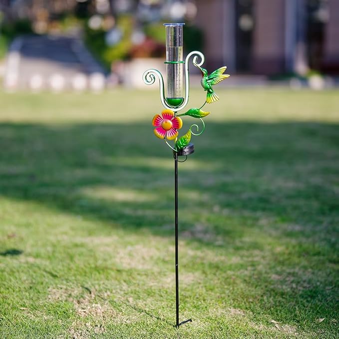 Stargarden Rain Gauge Outdoor, Hummingbird Solar Rain Gauge, Metal Rain Measure Gauge with 7 Inch Tube, Decorative Rainfall Measurement for Yard, Porch Decor
