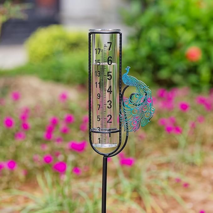 Stargarden Rain Gauge, Outdoor Peacock Rain Gauge, 7 Inch Tube Rain Measure Tool for Yard, Lawn, Garden Decor