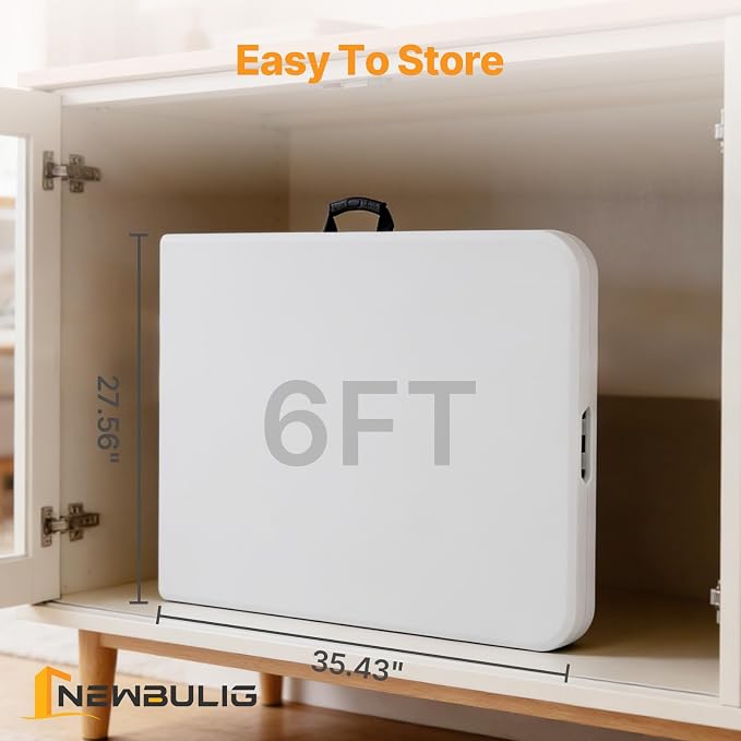 NEWBULIG 6 FT Foldable Table Easy to Fold and Store, Folding Picnic Table for Picnic Camping Kitchen Dining Party Outdoor Indoor with Carrying Handle, White