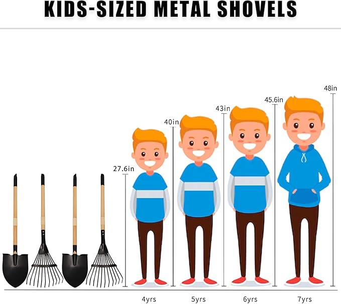 Kids Rake and Shovel Set, 4Pcs Garden Tools Metal Head with Wooden Handle, Great Gardening Gifts for Boys Girls Age 3 and Up