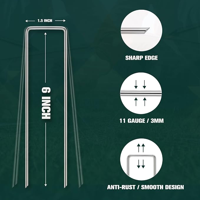 M MEEPO 20-Pack 6 Inch Heavy Duty Landscape Staples, Rust-Proof Galvanized Garden Stakes, 11 Gauge 5X Sharper U-Pins for Inflatables, Dog Fence, Tents, Weed Barrier, Outdoor Decor & Garden Repair