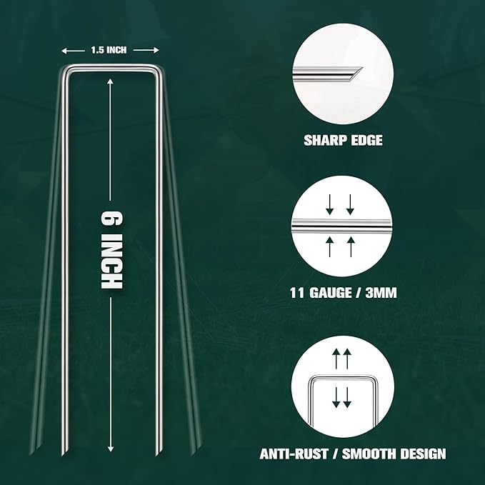M MEEPO 10-Pack 6 Inch Heavy Duty Landscape Staples, Rust-Proof Galvanized Garden Stakes, 11 Gauge 5X Sharper U-Pins for Inflatables, Dog Fence, Tents, Weed Barrier, Outdoor Decor & Garden Repair