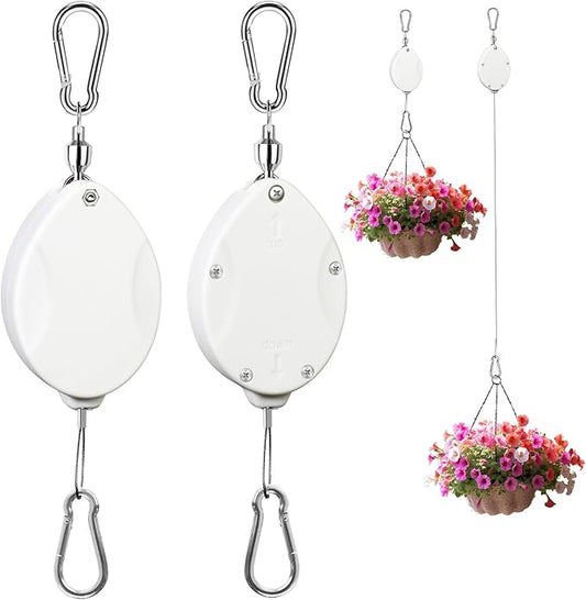 2 Pcs Upgraded Heavy Duty Retractable Plant Hanger,Plant Pulleys for Hanging Plants,Easy to Raise and Lower,Auto Lock,Adjustable Hook for Garden Baskets Pots,Birds Feeder and Wind Chime,White