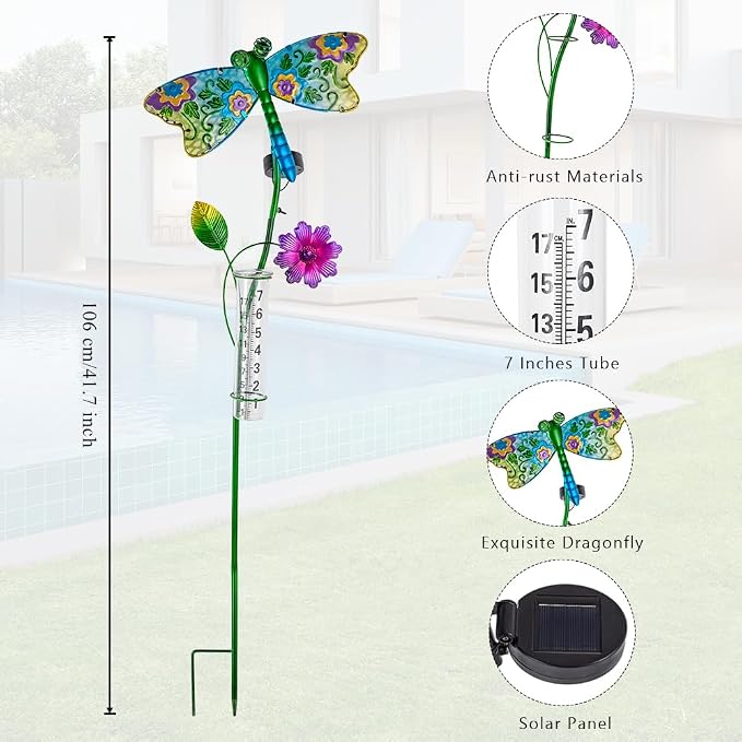 Solar Rain Gauge Outdoor, Dragonfly Rain Gauge, 7 Inch Tube Decorative Rain Measure Gauge, Metal Rain Measure Tool for Garden, Lawn Ornaments