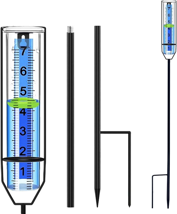 Rain Gauge Outdoor with Large Easy-Read Numbers | Freeze-Resistant Plastic Rain Gauge with Floating Marker, Stake or Hang Installation | 7" Rain Measuring Tool for Garden Yard Fence Farm