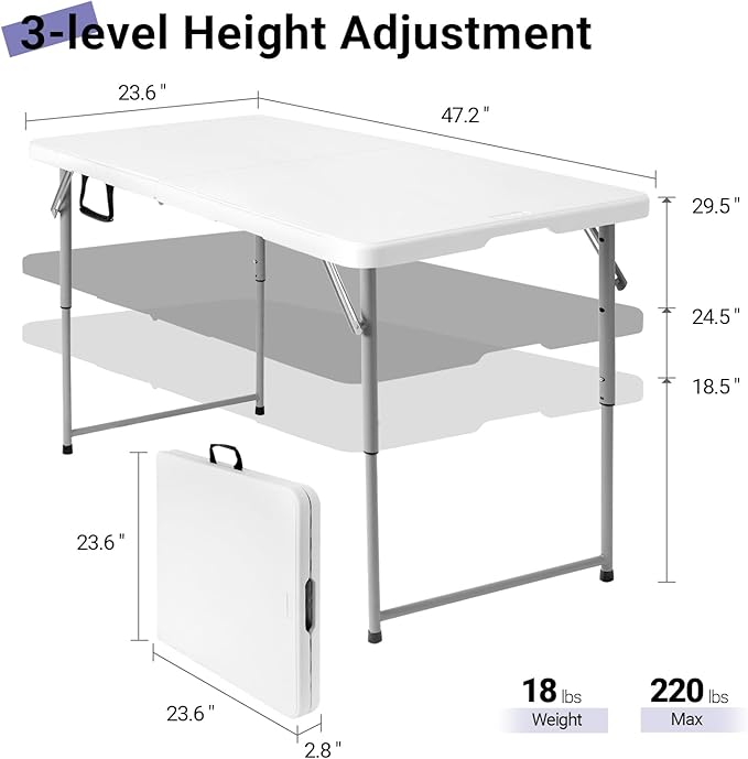 Byliable Folding Table 4 Foot, Heavy Duty Portable Plastic Fold-in-Half Utility 4ft Folding Table with Carrying Handle for Indoor Outdoor, Camping Picnic Party, White