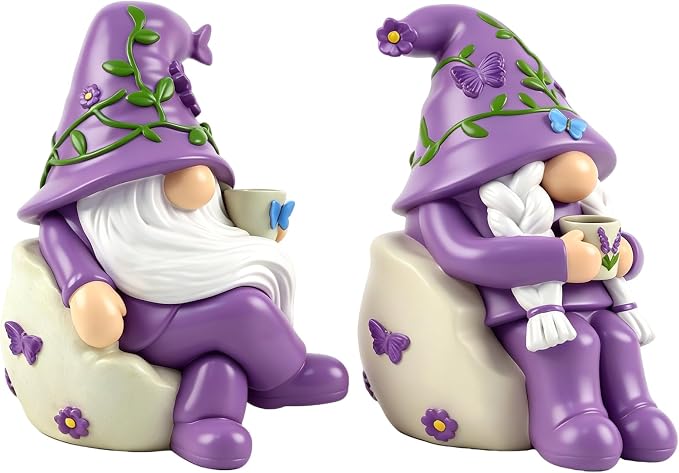 Lavender Gnome Garden Figurines 2 PCS Resin Summer Decorations Indoor Collectible Ornaments Outdoor Yard Decor for Table, Home, Shelf