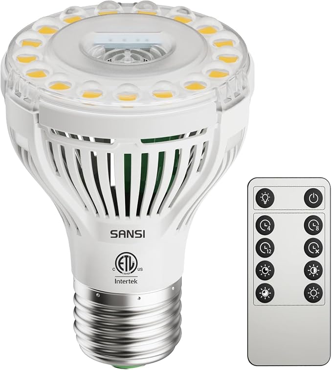 SANSI Dimmable Grow Light Bulb, Full Spectrum with Remote Control, Auto On Off Timing 4 8 12 Hrs, 5W PAR20 (75 Watt Equiv) Grow Lamp with Optical Lens for High PPFD, Energy Saving for Indoor Plants