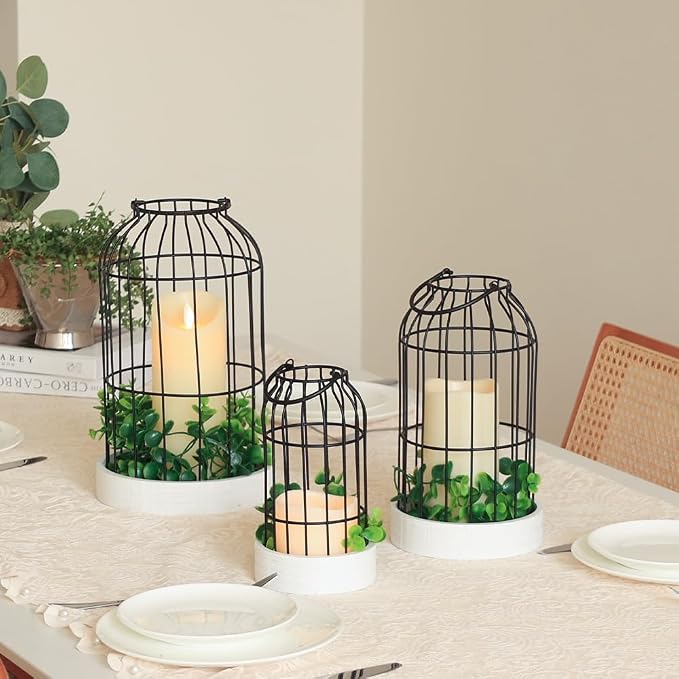 Rustic Farmhouse Lantern Decor Set of 3 Lanterns Decorative Indoor and Outdoor, Fireplace Mantle or Kitchen Dining Table - Modern Upscale Beauty for Home