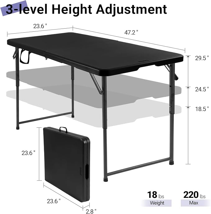 Byliable Folding Table 4 Foot, Heavy Duty Portable Plastic Fold-in-Half Utility 4ft Folding Table with Carrying Handle for Indoor Outdoor, Camping Picnic Party, Black