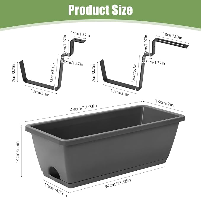 Sunexinlo 4-Pack Railing Planter Boxes with Double-Sided Adjustable Brackets, Plastic Rectangular Flower Boxes with Drainage Holes and Trays for Outdoor Balcony, Deck, Patio, Porch, Fence, Gray