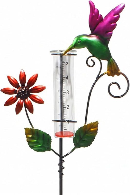 Hummingbird Rain Gauge Outdoor, Glass Rain Gauge with Floating Discs for Easy Reading, Freeze-Proof Adjustable Height Decorative Rain Gauges for Yard Garden Decor, Unique Gardening Gifts for Women
