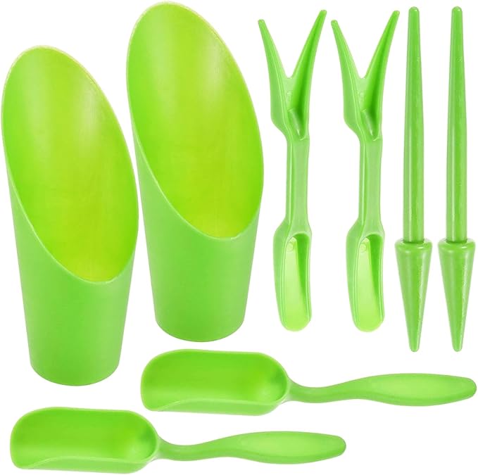 8Pcs Set Mini Garden Shovel Hand Tools Transplanting Potting Tool Set Indoor Soil Spoon Scoop Plastic Kits (Green-8pcs Set)
