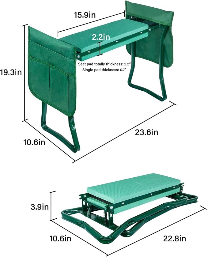 iPower Garden Kneeler and Seat with Sturdy Soft EVA Foam Pad, Foldable Kneeling Bench, 2 Tool Pouches Included, for Camping, Gardening, Fishing, Green