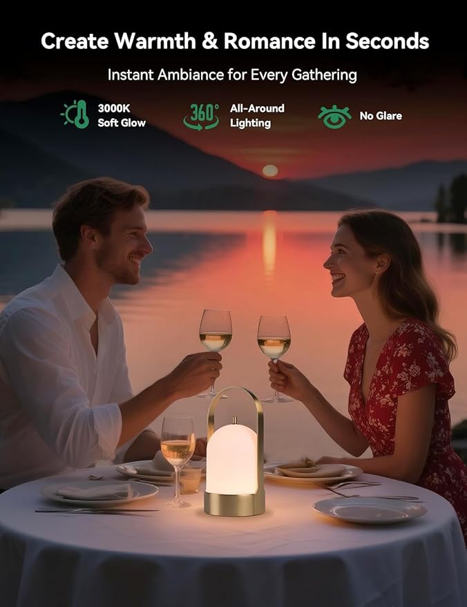 Tubicen Rechargeable Table Lamp Waterproof Outdoor Lantern Portable 4000mAh Battery Operated Camping Lamp Brass 4-Level Touch Dimmable Cordless Outdoor Table Lamp for Bedroom Bathroom Patio Balcony
